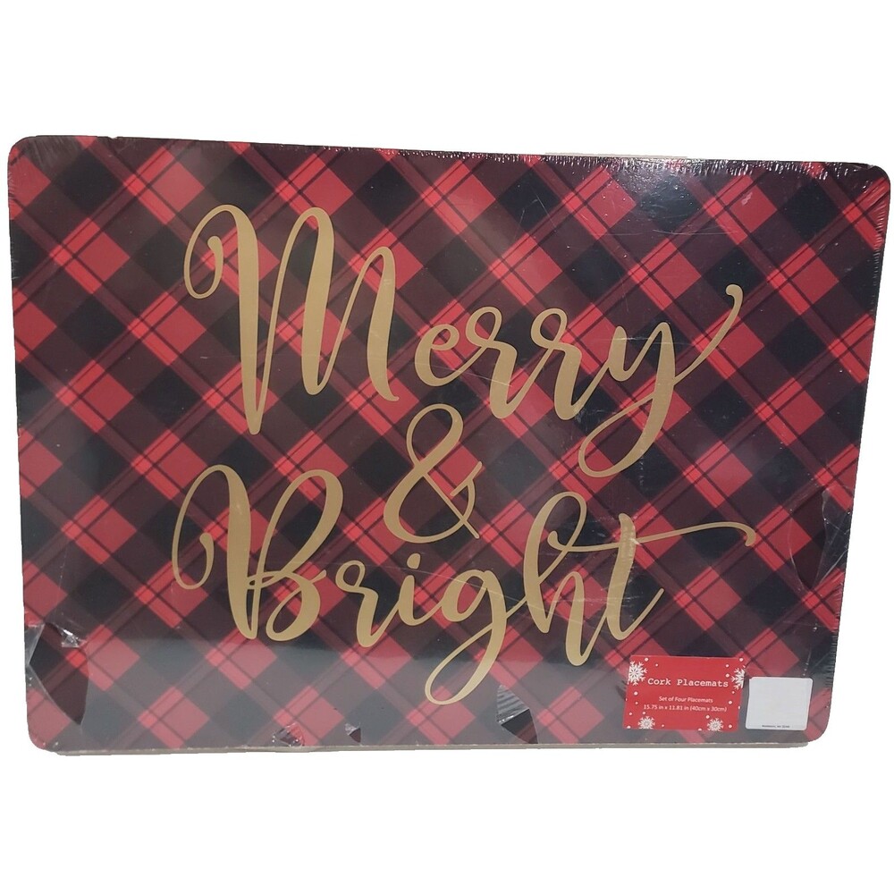 Set of 4 Same Hard Placemats w/Cork Back(12"x16") CHRISTMAS PLAID,MERRY & BRIGHT